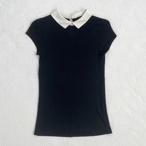 AT Pointed Collar Dark Navy Short Sleeve Top